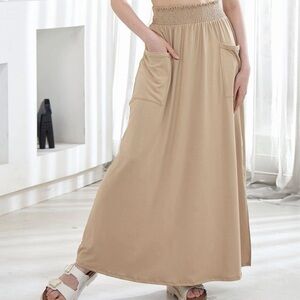 NOFLIK Taupe maxi skirt with front pockets and wide hem in various sizes NWOT